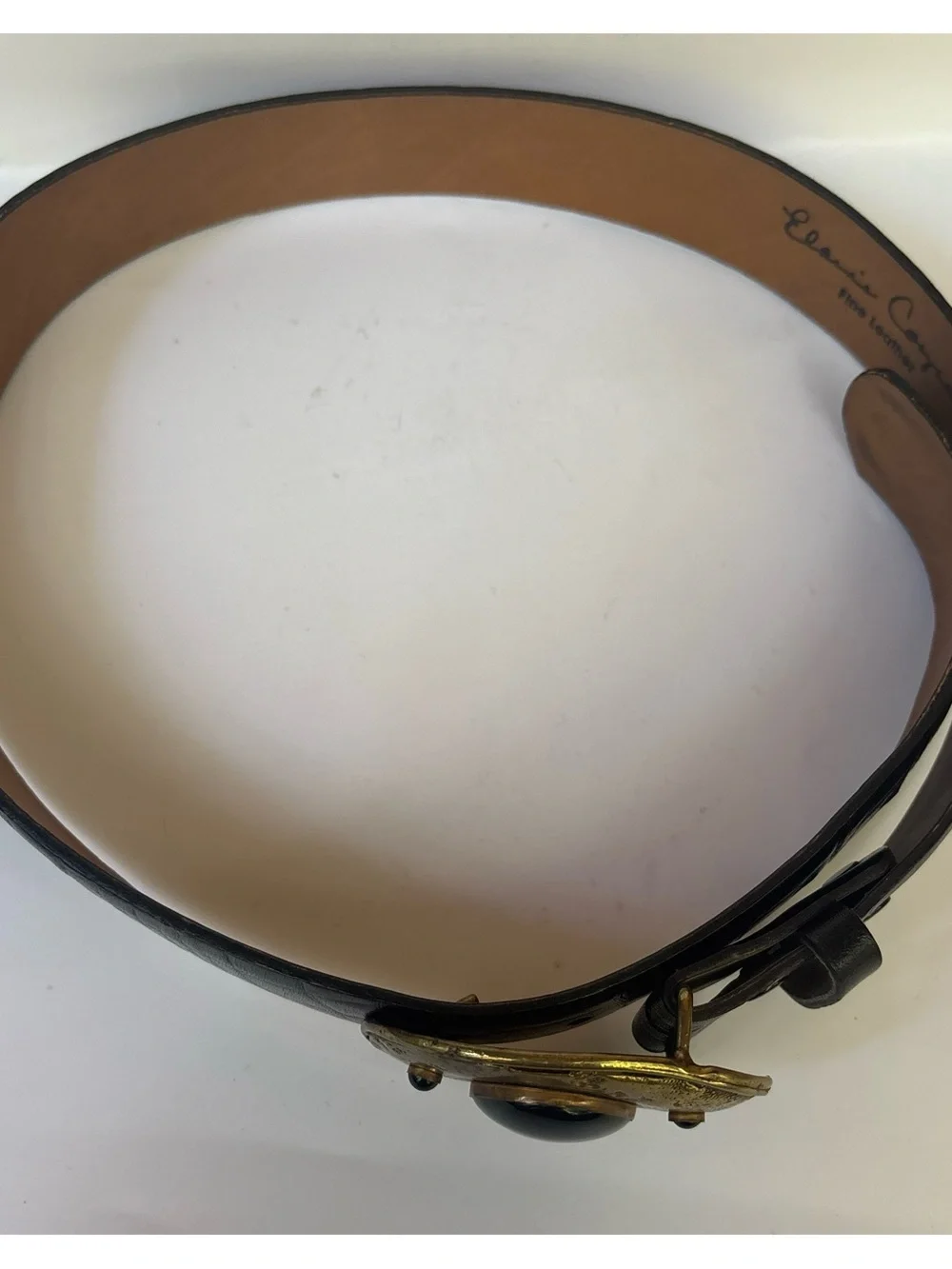 Vintage 1980’s Elaine Coyne Modernist Brass Onyx Black Leather Belt Size M